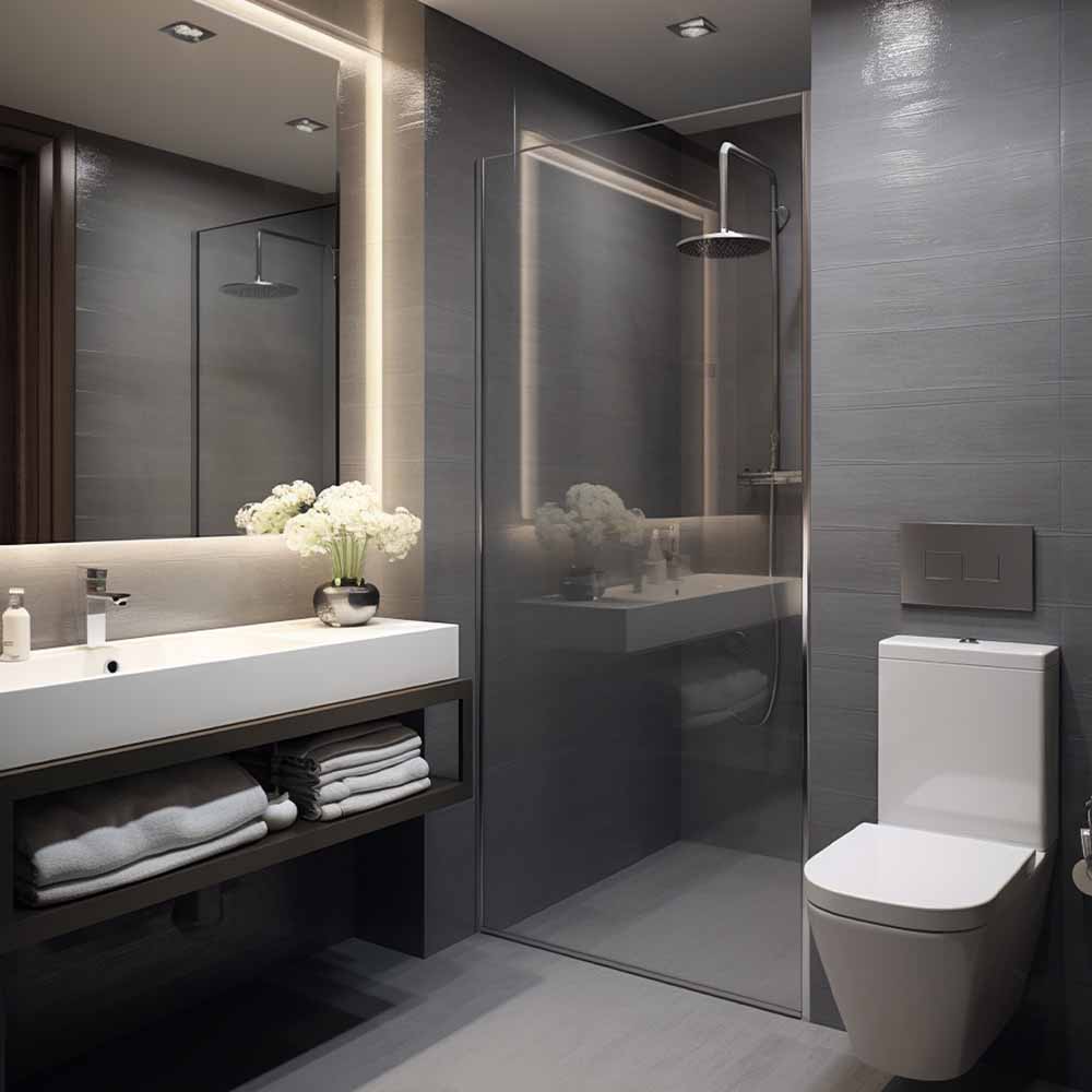 A modern bathroom with a shower, toilet and floating vanity unit.